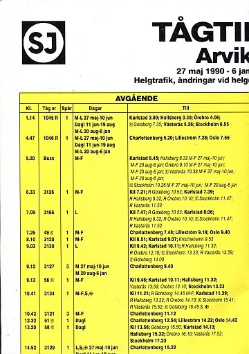 Arvika anslagstidtabell 1990/91